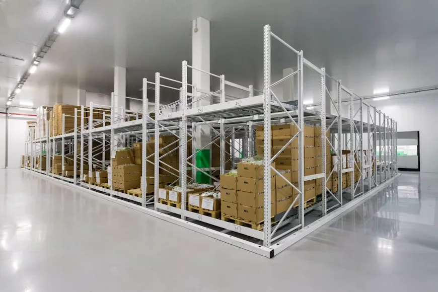 Racked cold storage warehouse stacked with boxed produce