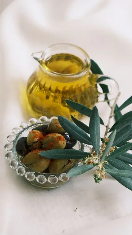 Cold-pressed oil in a glass jug beside marinated olives and an olive branch