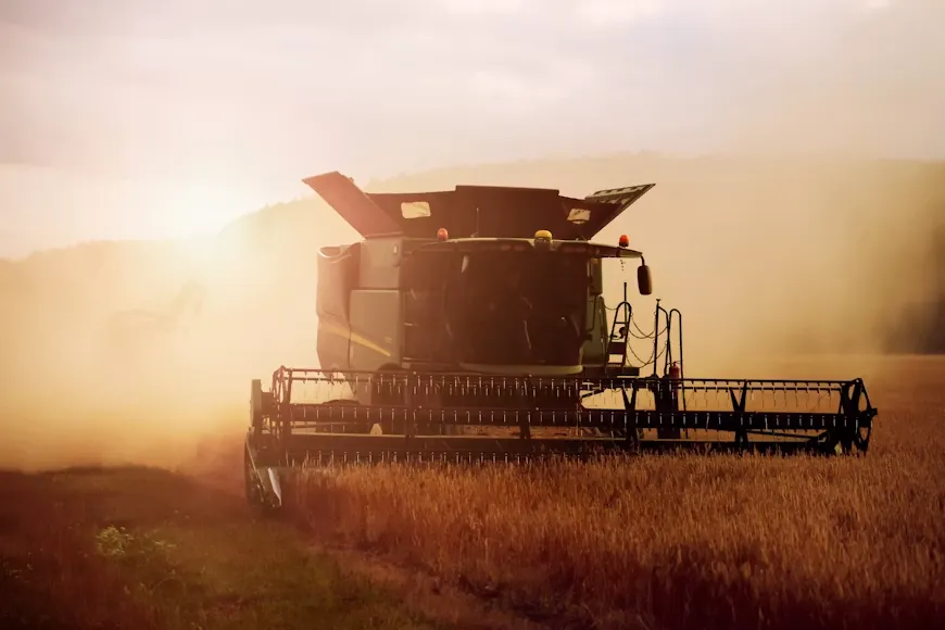 Combine harvester harvesting a wheat field at golden hour